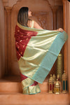 Festive Edit! Ganga Ghat ~ Handloom Pure Kora Silk Saree in Dark Red and Green (Silk Mark Certified ) - verymuchindian.com