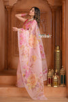 Festive Edit! Ganga Ghat ~ Handloom Pure Kora Silk Saree in Fresh Pink with Floral Work ( Silk Mark Certified ) - verymuchindian.com