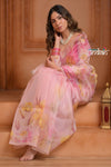 Festive Edit! Ganga Ghat ~ Handloom Pure Kora Silk Saree in Fresh Pink with Floral Work ( Silk Mark Certified ) - verymuchindian.com