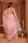 Festive Edit! Ganga Ghat ~ Handloom Pure Kora Silk Saree in Fresh Pink with Floral Work ( Silk Mark Certified ) - verymuchindian.com