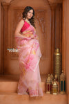 Festive Edit! Ganga Ghat ~ Handloom Pure Kora Silk Saree in Fresh Pink with Floral Work ( Silk Mark Certified ) - verymuchindian.com