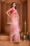 Festive Edit! Ganga Ghat ~ Handloom Pure Kora Silk Saree in Fresh Pink with Floral Work ( Silk Mark Certified ) - verymuchindian.com