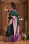 Festive Edit! Ganga Ghat ~ Handloom Pure Kora Silk Saree in Green and Purple ( Silk Mark Certified ) - verymuchindian.com