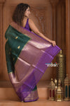Festive Edit! Ganga Ghat ~ Handloom Pure Kora Silk Saree in Green and Purple ( Silk Mark Certified ) - verymuchindian.com