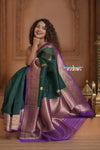 Festive Edit! Ganga Ghat ~ Handloom Pure Kora Silk Saree in Green and Purple ( Silk Mark Certified ) - verymuchindian.com
