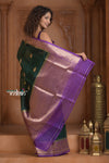 Festive Edit! Ganga Ghat ~ Handloom Pure Kora Silk Saree in Green and Purple ( Silk Mark Certified ) - verymuchindian.com