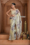Festive Edit! Ganga Ghat ~ Handloom Pure Kora Silk Saree in Ivory with Floral Work ( Silk Mark Certified ) - verymuchindian.com