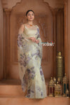 Festive Edit! Ganga Ghat ~ Handloom Pure Kora Silk Saree in Ivory with Floral Work ( Silk Mark Certified ) - verymuchindian.com