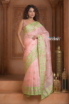 Festive Edit! Ganga Ghat ~ Handloom Pure Kora Silk Saree in Pastel Peach ( Silk Mark Certified ) - verymuchindian.com