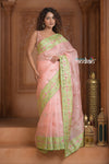 Festive Edit! Ganga Ghat ~ Handloom Pure Kora Silk Saree in Pastel Peach ( Silk Mark Certified ) - verymuchindian.com