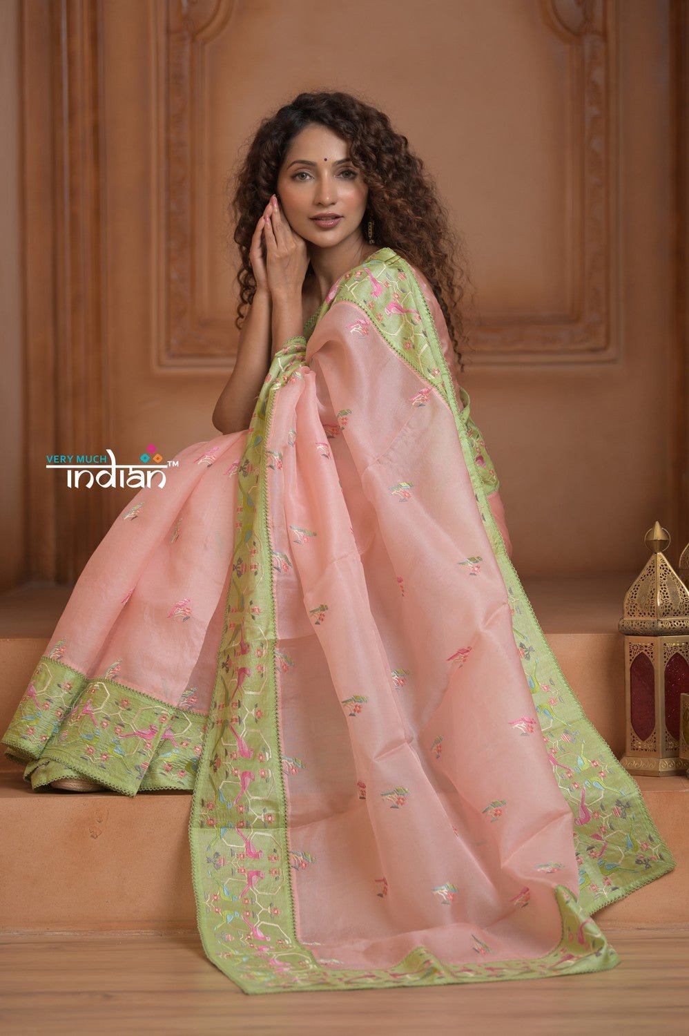 Festive Edit! Ganga Ghat ~ Handloom Pure Kora Silk Saree in Pastel Peach ( Silk Mark Certified ) - verymuchindian.com