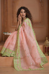 Festive Edit! Ganga Ghat ~ Handloom Pure Kora Silk Saree in Pastel Peach ( Silk Mark Certified ) - verymuchindian.com