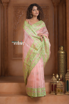 Festive Edit! Ganga Ghat ~ Handloom Pure Kora Silk Saree in Pastel Peach ( Silk Mark Certified ) - verymuchindian.com