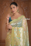 Festive Edit! Ganga Ghat ~ Handloom Pure Kora Silk Saree in Pistachio Gold ( Silk Mark Certified ) - verymuchindian.com