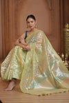 Festive Edit! Ganga Ghat ~ Handloom Pure Kora Silk Saree in Pistachio Gold ( Silk Mark Certified ) - verymuchindian.com