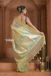 Festive Edit! Ganga Ghat ~ Handloom Pure Kora Silk Saree in Pistachio Gold ( Silk Mark Certified ) - verymuchindian.com