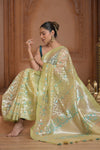 Festive Edit! Ganga Ghat ~ Handloom Pure Kora Silk Saree in Pistachio Gold ( Silk Mark Certified ) - verymuchindian.com