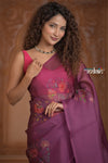 Festive Edit! Ganga Ghat ~ Handloom Pure Kora Silk Saree in Plum with Floral Work ( Silk Mark Certified ) - verymuchindian.com