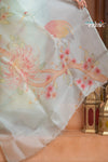 Festive Edit! Ganga Ghat ~ Handloom Pure Kora Silk Saree in Salient Blue with Floral Work ( Silk Mark Certified ) - verymuchindian.com