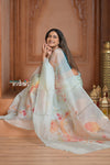 Festive Edit! Ganga Ghat ~ Handloom Pure Kora Silk Saree in Salient Blue with Floral Work ( Silk Mark Certified ) - verymuchindian.com