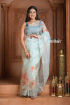 Festive Edit! Ganga Ghat ~ Handloom Pure Kora Silk Saree in Salient Blue with Floral Work ( Silk Mark Certified ) - verymuchindian.com