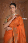 Festive Edit! Ganga Ghat ~ Handloom Pure Kora Silk Saree in Serene Orange ( Silk Mark Certified ) - verymuchindian.com