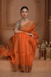 Festive Edit! Ganga Ghat ~ Handloom Pure Kora Silk Saree in Serene Orange ( Silk Mark Certified ) - verymuchindian.com