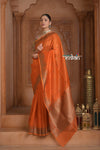 Festive Edit! Ganga Ghat ~ Handloom Pure Kora Silk Saree in Serene Orange ( Silk Mark Certified ) - verymuchindian.com