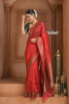 Festive Edit! Ganga Ghat ~ Handloom Pure Kora Silk Saree in Serene Red ( Silk Mark Certified ) - verymuchindian.com