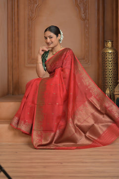 Festive Edit! Ganga Ghat ~ Handloom Pure Kora Silk Saree in Serene Red ( Silk Mark Certified ) - verymuchindian.com