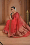 Festive Edit! Ganga Ghat ~ Handloom Pure Kora Silk Saree in Serene Red ( Silk Mark Certified ) - verymuchindian.com