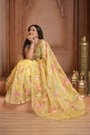 Festive Edit! Ganga Ghat ~ Handloom Pure Kora Silk Saree with Intricate Floral Work in Yellow - verymuchindian.com