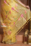 Festive Edit! Ganga Ghat ~ Handloom Pure Kora Silk Saree with Intricate Floral Work in Yellow - verymuchindian.com
