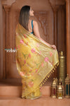 Festive Edit! Ganga Ghat ~ Handloom Pure Kora Silk Saree with Intricate Floral Work in Yellow - verymuchindian.com
