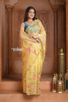 Festive Edit! Ganga Ghat ~ Handloom Pure Kora Silk Saree with Intricate Floral Work in Yellow - verymuchindian.com