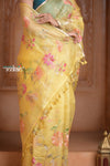 Festive Edit! Ganga Ghat ~ Handloom Pure Kora Silk Saree with Intricate Floral Work in Yellow - verymuchindian.com