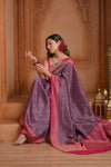 Festive Edit! Ganga Ghat ~ Handloom Pure Silk Brocade Crepe Saree with Contrast Pallu in Purple and Pink (Silk Mark Certified) - verymuchindian.com