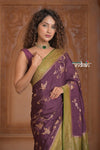 Festive Edit! Ganga Ghat ~ Handloom Pure Silk Chiffon Crepe Banarasi Saree in Dark Purple and Green ( Silk Mark Certified ) - verymuchindian.com