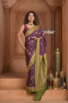 Festive Edit! Ganga Ghat ~ Handloom Pure Silk Chiffon Crepe Banarasi Saree in Dark Purple and Green ( Silk Mark Certified ) - verymuchindian.com