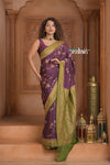 Festive Edit! Ganga Ghat ~ Handloom Pure Silk Chiffon Crepe Banarasi Saree in Dark Purple and Green ( Silk Mark Certified ) - verymuchindian.com