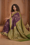 Festive Edit! Ganga Ghat ~ Handloom Pure Silk Chiffon Crepe Banarasi Saree in Dark Purple and Green ( Silk Mark Certified ) - verymuchindian.com