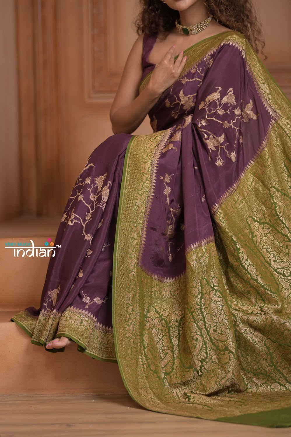 Festive Edit! Ganga Ghat ~ Handloom Pure Silk Chiffon Crepe Banarasi Saree in Dark Purple and Green ( Silk Mark Certified ) - verymuchindian.com