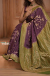 Festive Edit! Ganga Ghat ~ Handloom Pure Silk Chiffon Crepe Banarasi Saree in Dark Purple and Green ( Silk Mark Certified ) - verymuchindian.com