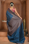 Festive Edit! Ganga Ghat ~ Handloom Pure Silk Chiffon Crepe Banarasi Saree in Marine Blue (Silk Mark Certified) - verymuchindian.com