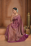 Festive Edit! Ganga Ghat ~ Handloom Pure Silk Chiffon Crepe Banarasi Saree in Rose Purple (Silk Mark Certified) - verymuchindian.com