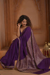 Festive Edit! Ganga Ghat ~ Handloom Pure Silk Chiffon Crepe Saree in Velvet Plum ( Silk Mark Certified) - verymuchindian.com