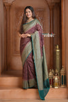 Festive Edit! Ganga Ghat ~ Handloom Pure Silk Chiffon Georgette Saree in Brown and Blue ( Silk Mark Certified ) - verymuchindian.com