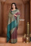 Festive Edit! Ganga Ghat ~ Handloom Pure Silk Chiffon Georgette Saree in Brown and Blue ( Silk Mark Certified ) - verymuchindian.com