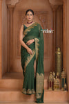 Festive Edit! Ganga Ghat ~ Handloom Pure Silk Chiffon Georgette Saree in Dark Green (Silk Mark Certified) - verymuchindian.com