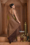 Festive Edit! Ganga Ghat ~ Handloom Pure Silk Chiffon Georgette Saree in Leaf Green and Brown (Silk Mark Certified) - verymuchindian.com